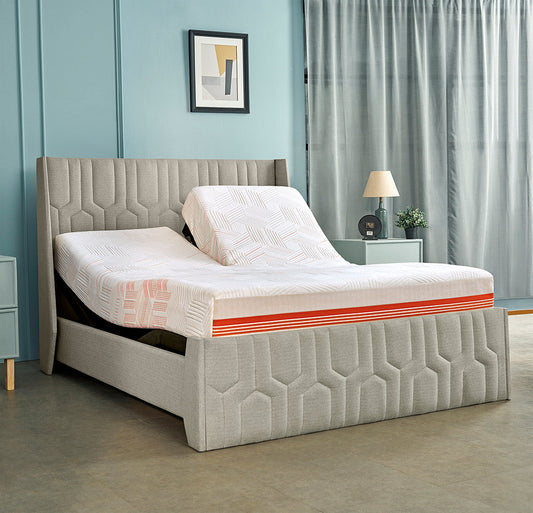Wave Twin Adjustable Bed with Tranquil Sea Shell Upholstered Bed, Mattress, and 2 Fitted Bedsheets