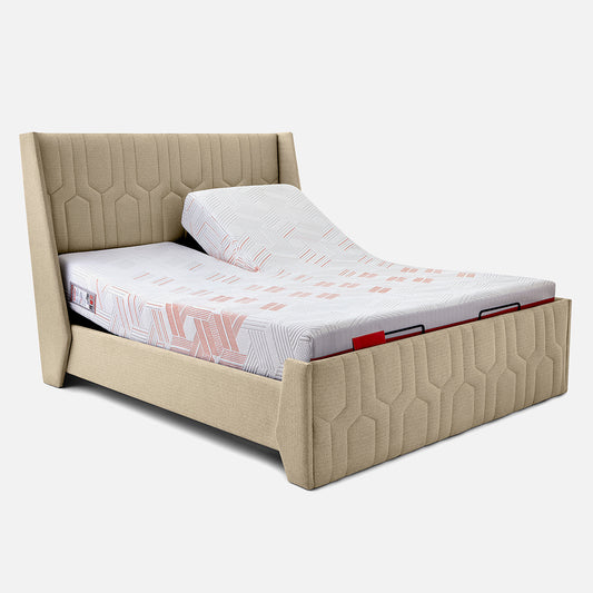 Wave Twin Adjustable Bed with Tranquil Walnut Shell Upholstered Bed, Mattress, and 2 Fitted Bedsheets